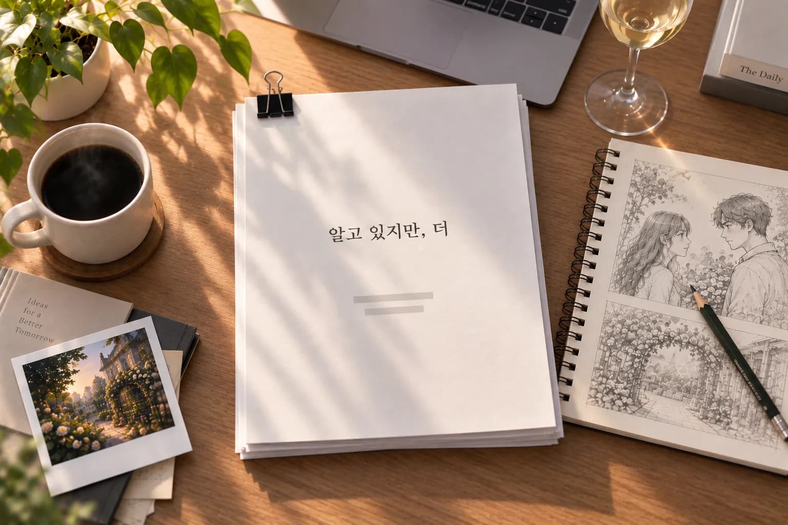 책상 위에 놓인 ‘알고 있지만, 더’ 대본 원고와 인물 스케치 노트